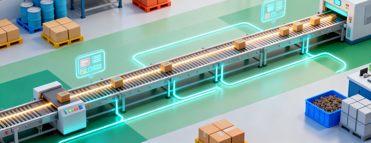 jimeng-2025-11-13-1202-等距视角，一个现代化智能工厂的流水线三维动画截图，色彩分区明确，物料流和信息流以....png